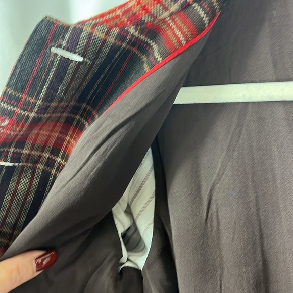 Plaid belted tweed large button peplum hem lined jacket Sz S/M Red/Brwn - Picture 12 of 14